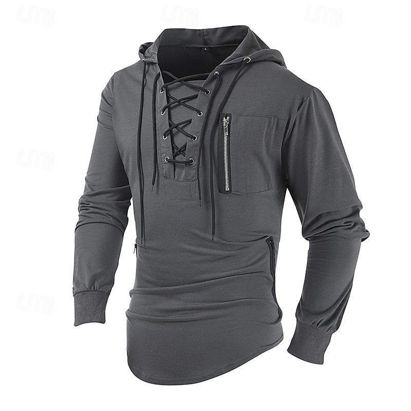 Herren T Shirt T-Shirt Langarmshirt Langarm Mit Kapuze Frühling & Sommer Einfach Mode Designer Basic Schnürung Urlaub Straße Ausgehen Schwarz Braun Grün Top T-Shirt für Herren 2025 - $26.99 –P14