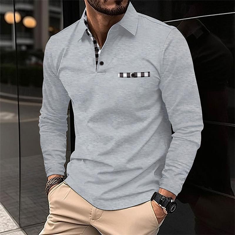 Herren Poloshirt Golfhemd Arbeit Casual Kargen Langarm Basic Modern Plaid Farbblock Patchwork Taste Frühling & Herbst Regular Fit Schwarz Weiß Marineblau Grau Poloshirt 2025 - $18.99 –P4