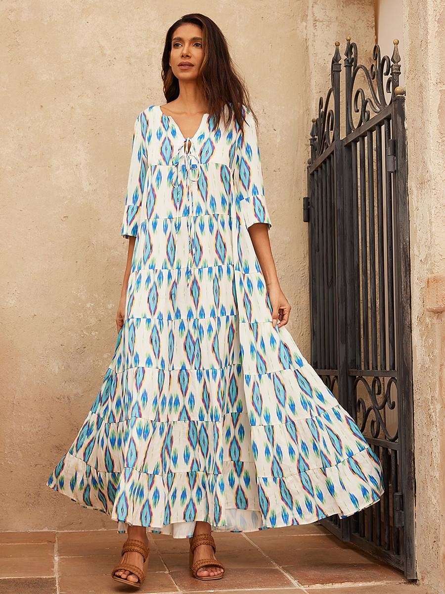 vestido maxi geométrico de cetim com decote em V de 2025 por $123.99 –P1