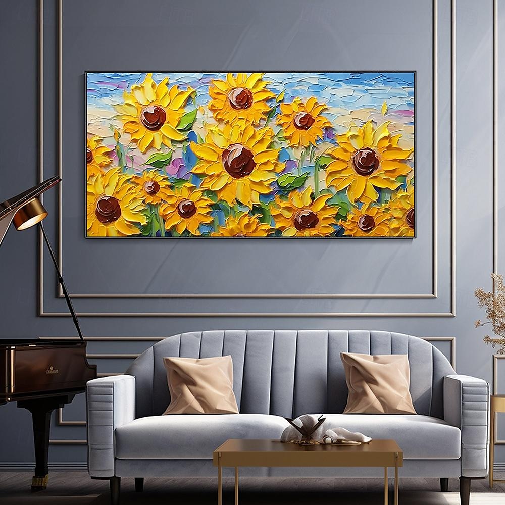 Handgemaltes 3D-Sonnenblumen-Leinwand-Textur-Kunstgemälde, handgefertigtes abstraktes Messer-Sonnenblumen-Heimgemälde, handgefertigtes Landschafts-Pflanzenölgemälde für 2025 - $77.99 –P2