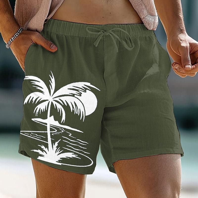 Coqueiro estampado shorts de linho de algodão masculino verão shorts havaianos praia shorts com cordão cintura elástica respirável macio curto casual diário férias roupas streetwear de 2025 por $23.99 –P6