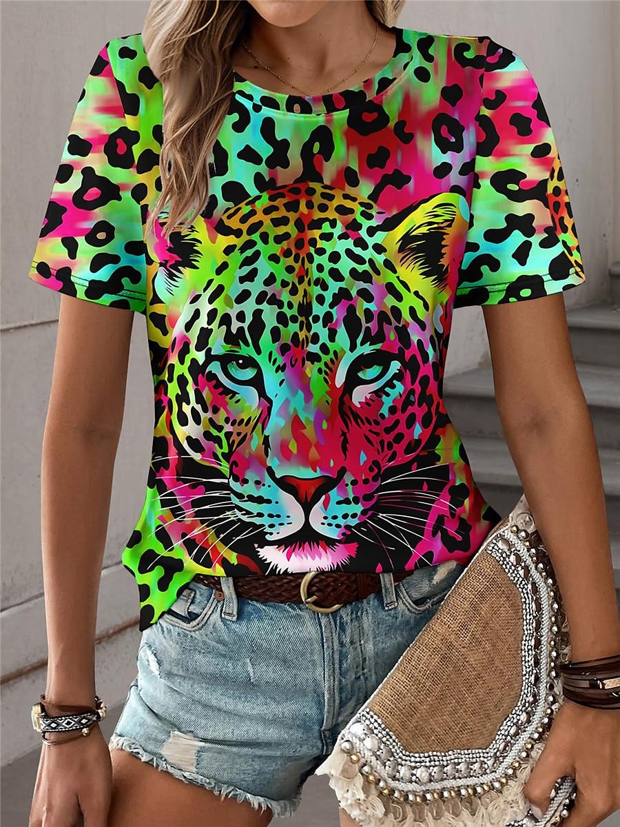 Femme T shirt Léopard Mode Manche Courte Col Ras du Cou Hauts réguliers du quotidien Fin de semaine Imprimer Bleu Violet Fuchsia Vert Gris Eté de 2025 ? $19.99 –P5