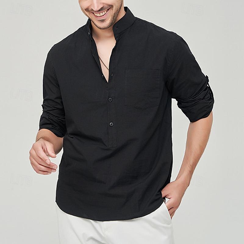 Men's Shirt Linen Shirt Chinese Collar Shirt Mandarin Collar Shirt Summer Shirt Beach Shirt Plain Vacation Street Black White Yellow Pink Long Sleeve Band Collar Summer Clothing Apparel Front Pocket 2025 - $32.99 –P8