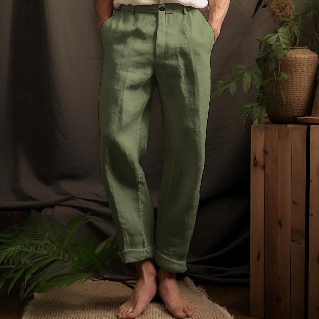 40% Linen Men's Linen Pants Trousers Summer Pants Pocket Straight Leg Plain Breathable Comfortable Office / Career Daily Vacation Classic Casual Black White 2025 - $32.99 –P3