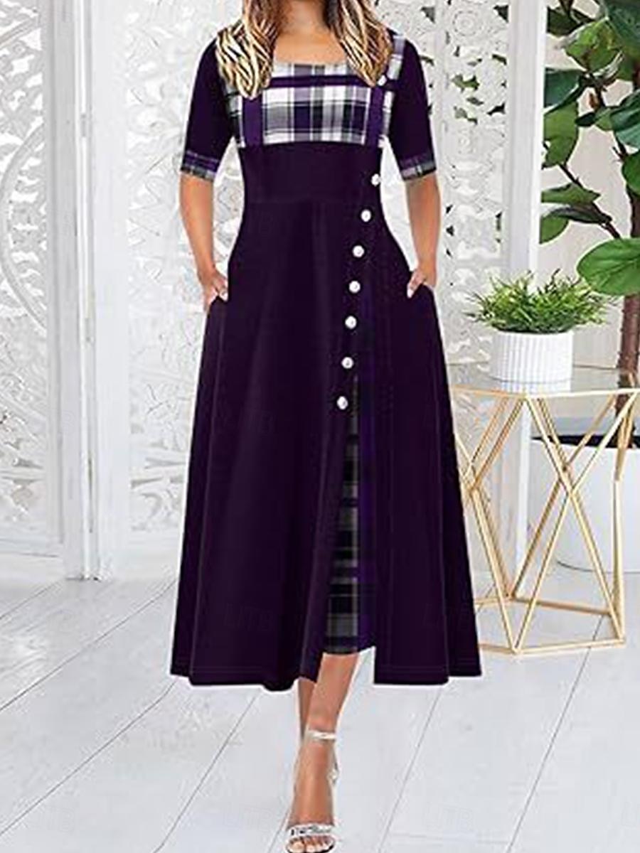 Women's Midi Dress Elegant Dress Elegant Stylish Vacation Party Regular Fit Plaid Short Sleeve Crew Neck Black Yellow Wine Purple Summer Spring 2025 - $41.99 –P4