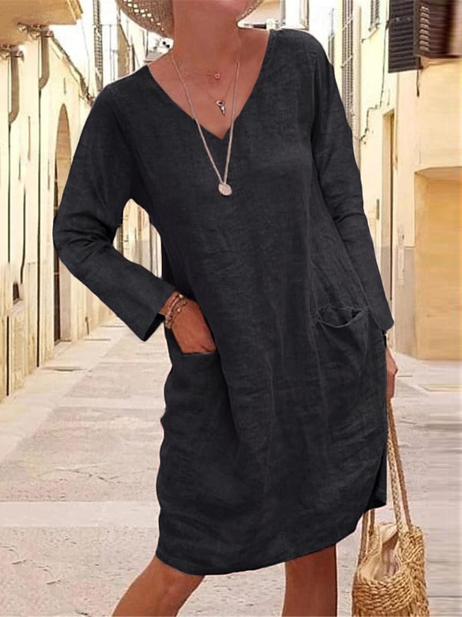 Damen Schwarz Gelb Kaki Sommer Frühling Midikleid Leinen-inspirierte Kleider schwarzes kleid Freizeitkleid Basic Modern Täglich Wochenende Lässiger Schnitt Einfach V Ausschnitt 2025 - $26.99 –P3