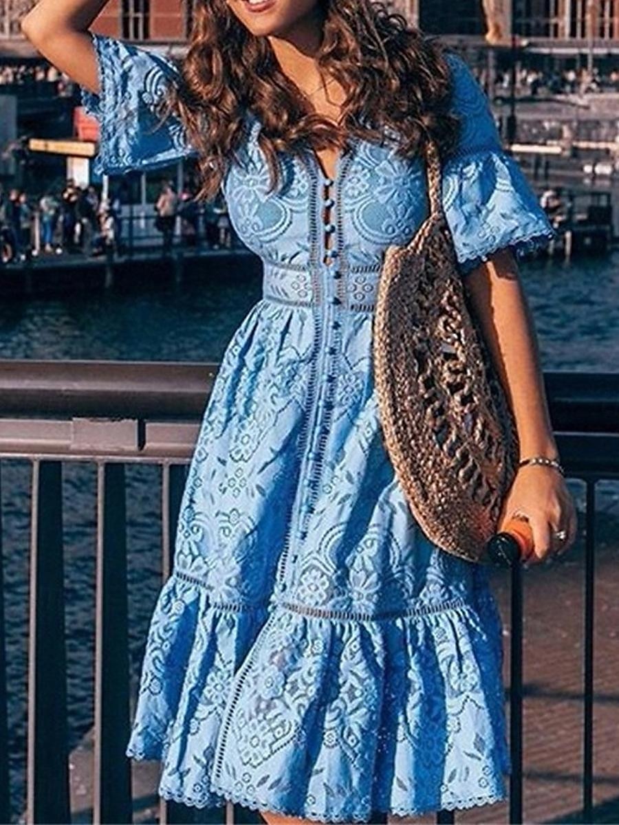 Dámské Midi šaty Bílé šaty Volnočasové šaty Bílé krajkové svatební šaty Boho šaty Elegantní Šik ven A Dovolená ulice Rande Štíhlý Poloviční rukáv Do V Bílá Světlá růžová Světle modrá Léto 2025 - $63.99 –P4