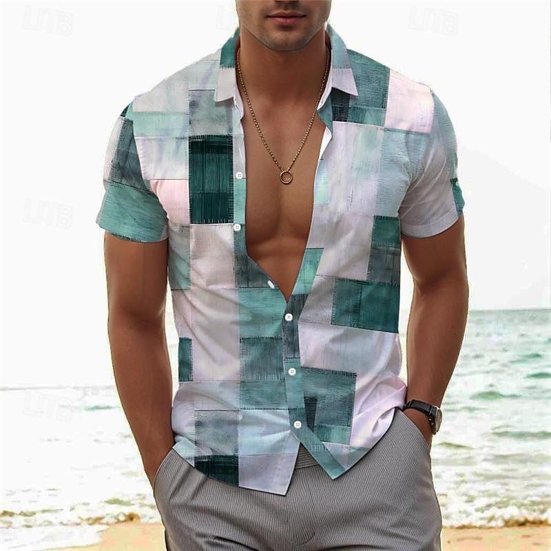 Voor heren Geruit Geometrisch patroon Overhemd Overhemd met knopen Korte mouw Vakantie Hawaii Buiten Feestdagen Zomer Alle seizoenen Strijkijzer Knop Afdrukken Blauw Bruin Groen Grijs 2025 - $24.99 –P9
