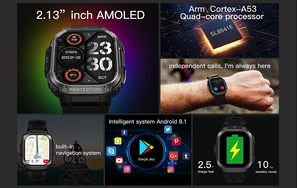 696 DM63 Smart Watch 2.13 inch 4G LTE Cellular Smartwatch Phone Bluetooth 4G Pedometer Call Reminder Heart Rate Monitor Compatible with Android iOS Men GPS Hands-Free Calls with Camera IP 67 48mm 2025 - $165.99 –P2