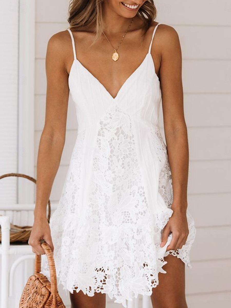 Damen Minikleid Weißes Kleid Abschlusskleid Spitzenkleid Sommerkleid Elegant Sexy Hochzeit Party Date Normale Passform Ärmellos Träger Weiß Sommer 2025 - $35.99 –P1