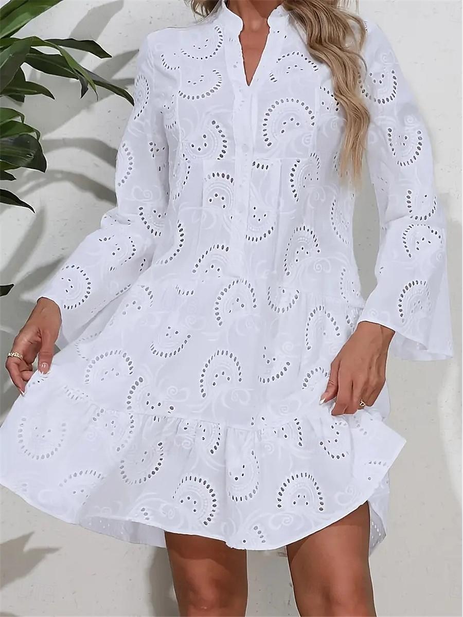 Pentru femei Rochie Mini Rochie albă Rochie de dantela Rochie casual Rochie de vară Șic Stradă De Bază Stradă Dată Potrivire Largă Manșon Lung Gât despicat Alb Vară 2025 - $28.99 –P1