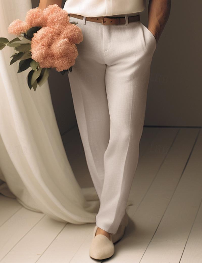 40% Linen Men's Linen Pants Trousers Summer Pants Pocket Straight Leg Plain Breathable Comfortable Office / Career Daily Vacation Classic Casual Black White 2025 - $31.99 –P1