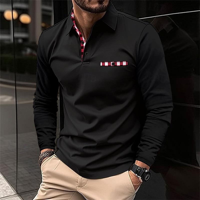 Herren Poloshirt Golfhemd Arbeit Casual Kargen Langarm Basic Modern Plaid Farbblock Patchwork Taste Frühling & Herbst Regular Fit Schwarz Weiß Marineblau Grau Poloshirt 2025 - $18.99 –P2