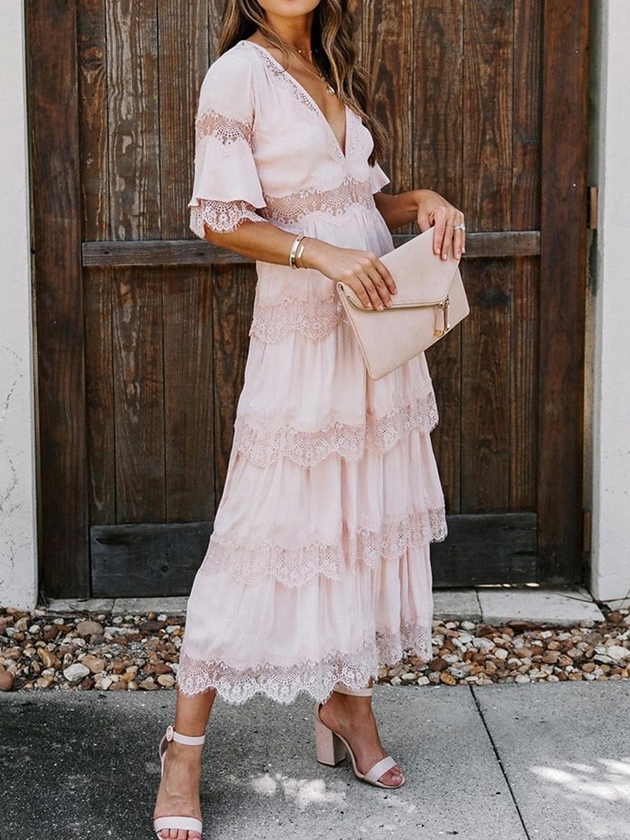 Women's White Dress Long Dress Maxi Dress Lace with Sleeve Wedding Date Vacation Elegant Bohemia V Neck Half Sleeve Black Pink Color 2025 - $63.99 –P13