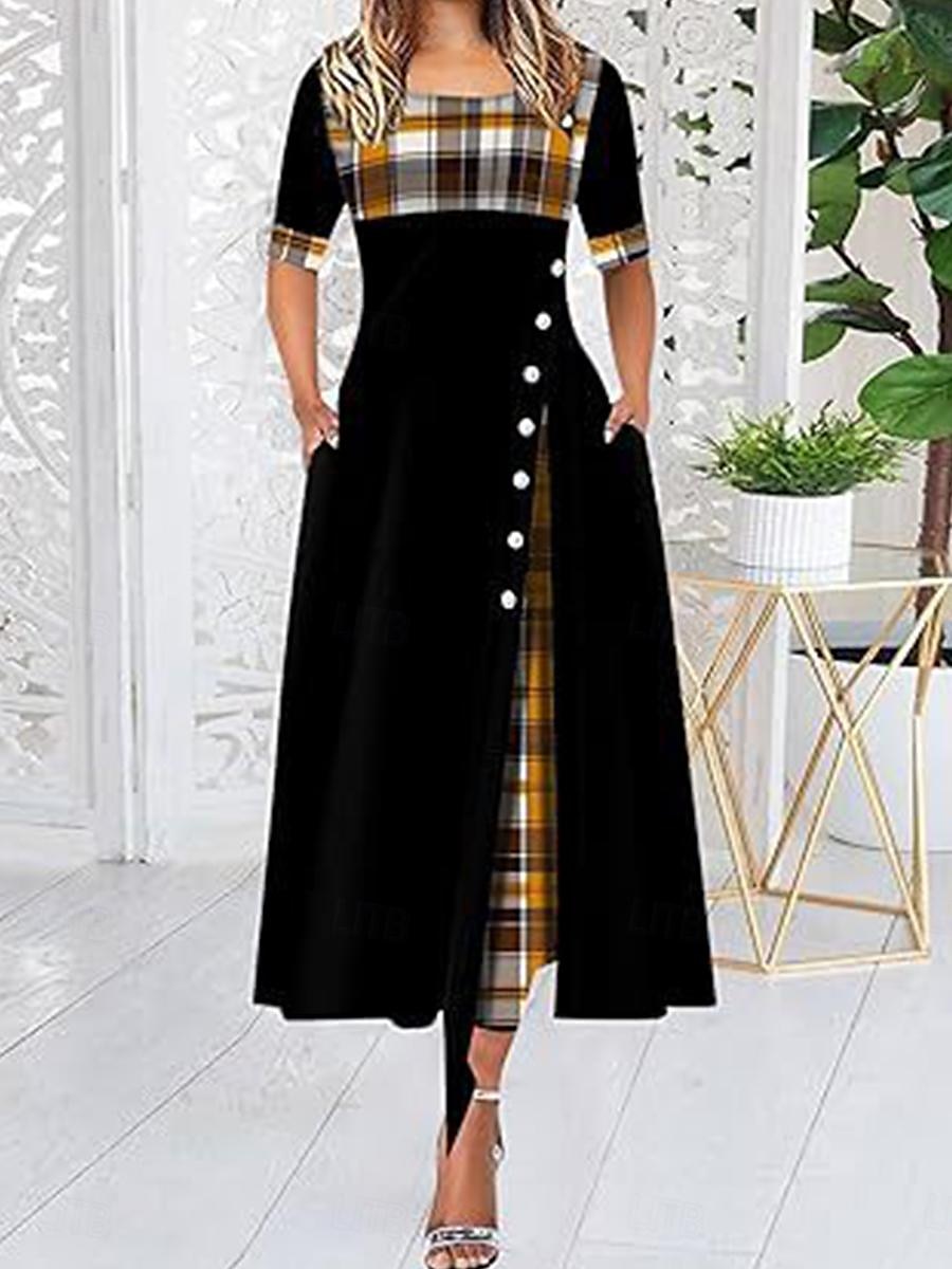 Women's Midi Dress Elegant Dress Elegant Stylish Vacation Party Regular Fit Plaid Short Sleeve Crew Neck Black Yellow Wine Purple Summer Spring 2025 - $41.99 –P1