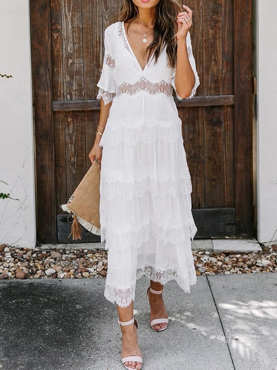 Women's White Dress Long Dress Maxi Dress Lace with Sleeve Wedding Date Vacation Elegant Bohemia V Neck Half Sleeve Black Pink Color 2025 - $63.99 –P1