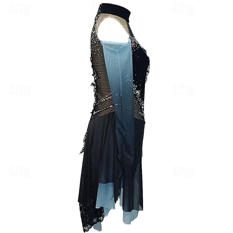Vestido de patinaje artístico Mujer Chica Patinaje Sobre Hielo Vestidos Azul Negro Retazos Dedo Pulgar Malla Licra Encaje Elástico Entrenamiento Profesional Competición Ropa de Patinaje Cristal 2025 - $189.99 –P7