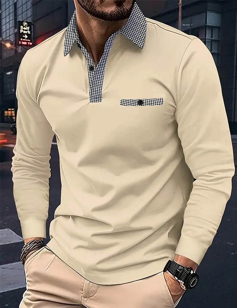 Men's Polo Shirt Golf Shirt Casual Sports Lapel Long Sleeve Fashion Basic Color Block Houndstooth Patchwork Button Spring & Fall Regular Fit White Red Navy Blue Khaki Light Blue Polo Shirt 2025 - $15.49 –P9