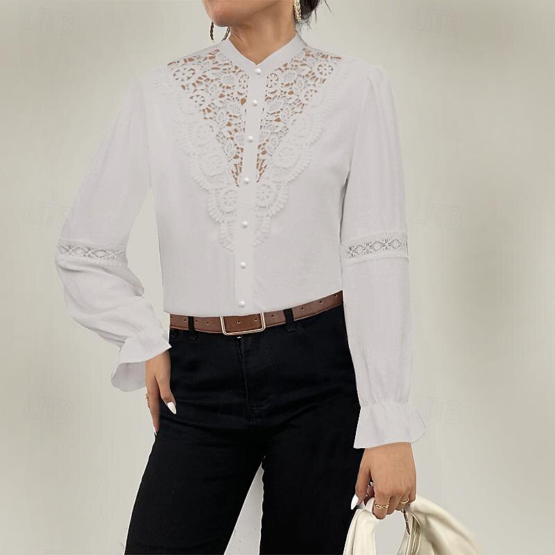 Hemd Spitzenhemd Bluse Weißes Spitzenhemd Damen Schwarz Weiß Rosa Feste Farbe Spitze Taste Strasse Täglich Modisch Stehkragen S 2025 - $29.99 –P4