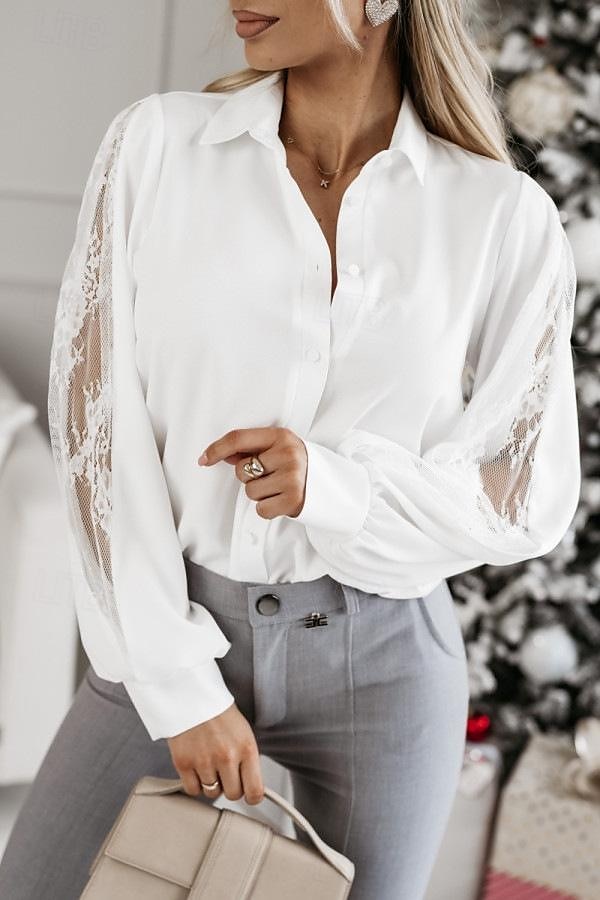 Košile Krajková košile Halenka Síťovaný patchworkový top Dámské Černá Bílá Trávová zelená Pevná barva Krajka Tlačítko ulice Denní Módní Košilový límec S 2025 - $34.99 –P1