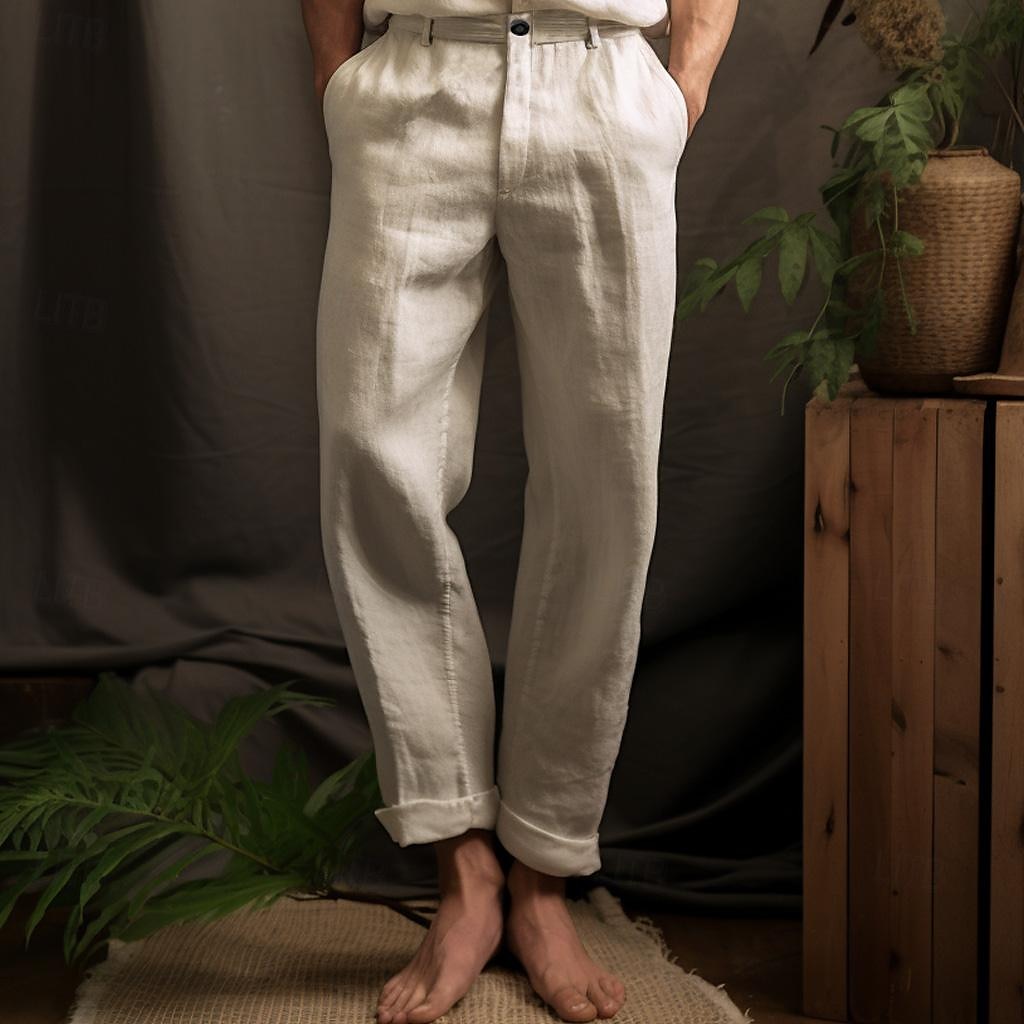 40% Linen Men's Linen Pants Trousers Summer Pants Pocket Straight Leg Plain Breathable Comfortable Office / Career Daily Vacation Classic Casual Black White 2025 - $32.99 –P1