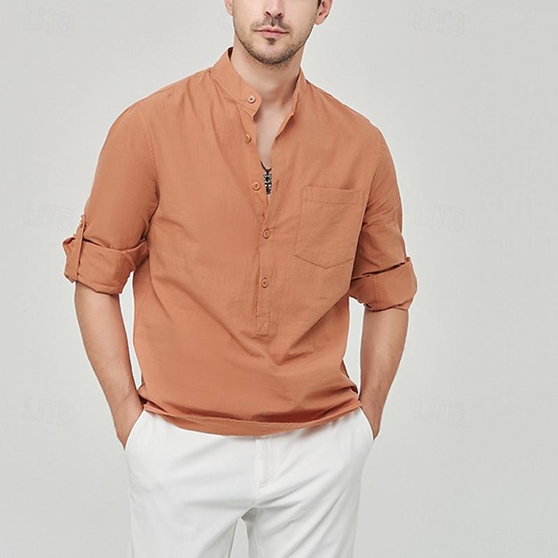 Men's Shirt Linen Shirt Chinese Collar Shirt Mandarin Collar Shirt Summer Shirt Beach Shirt Plain Vacation Street Black White Yellow Pink Long Sleeve Band Collar Summer Clothing Apparel Front Pocket 2025 - $32.99 –P12
