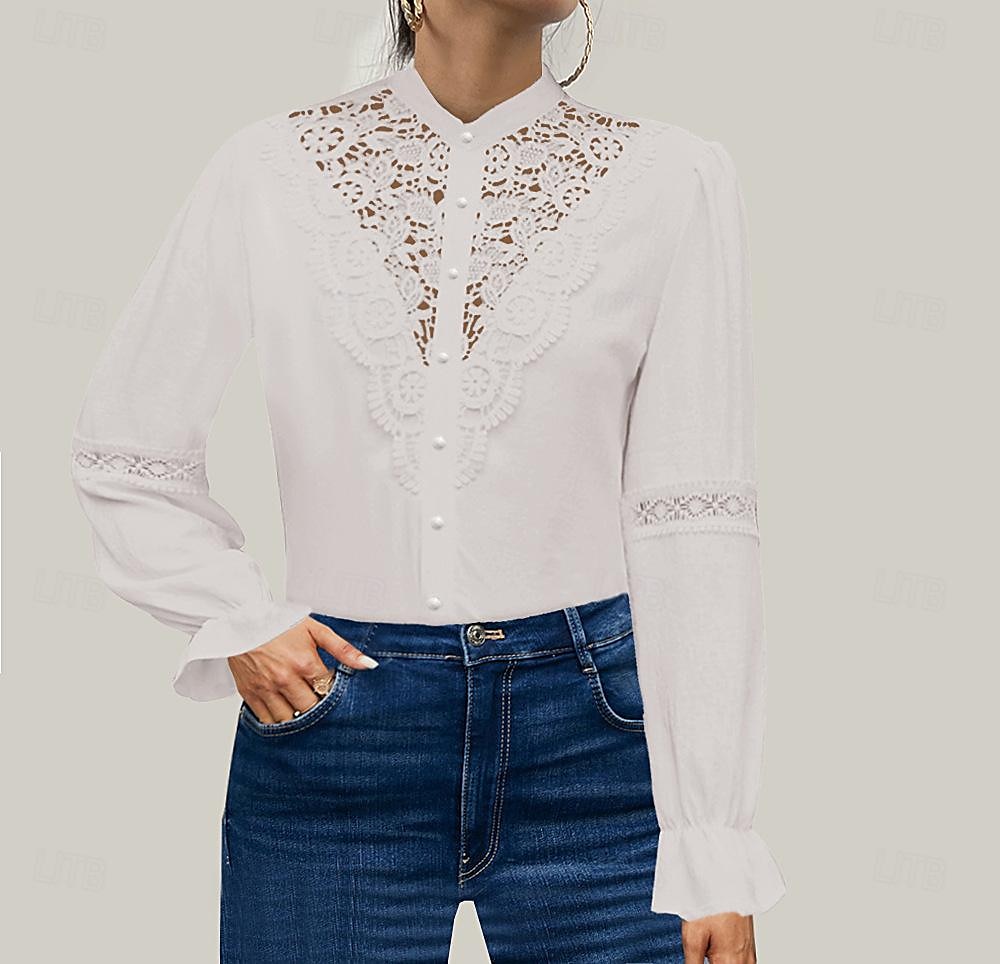Hemd Spitzenhemd Bluse Weißes Spitzenhemd Damen Schwarz Weiß Rosa Feste Farbe Spitze Taste Strasse Täglich Modisch Stehkragen S 2025 - $29.99 –P1