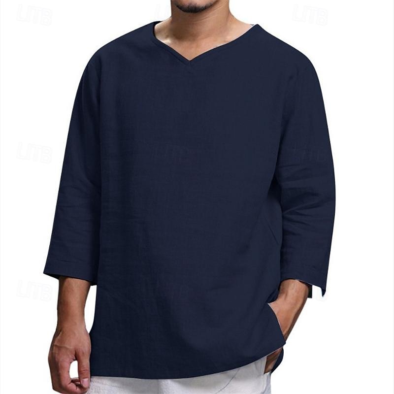 Men's Shirt Summer Shirt Casual Shirt Beach Shirt Black Navy Blue khaki Beige Light Blue Long Sleeve Plain V Neck Holiday Vacation Clothing Apparel Fashion Casual Comfortable 2025 - $17.49 –P5