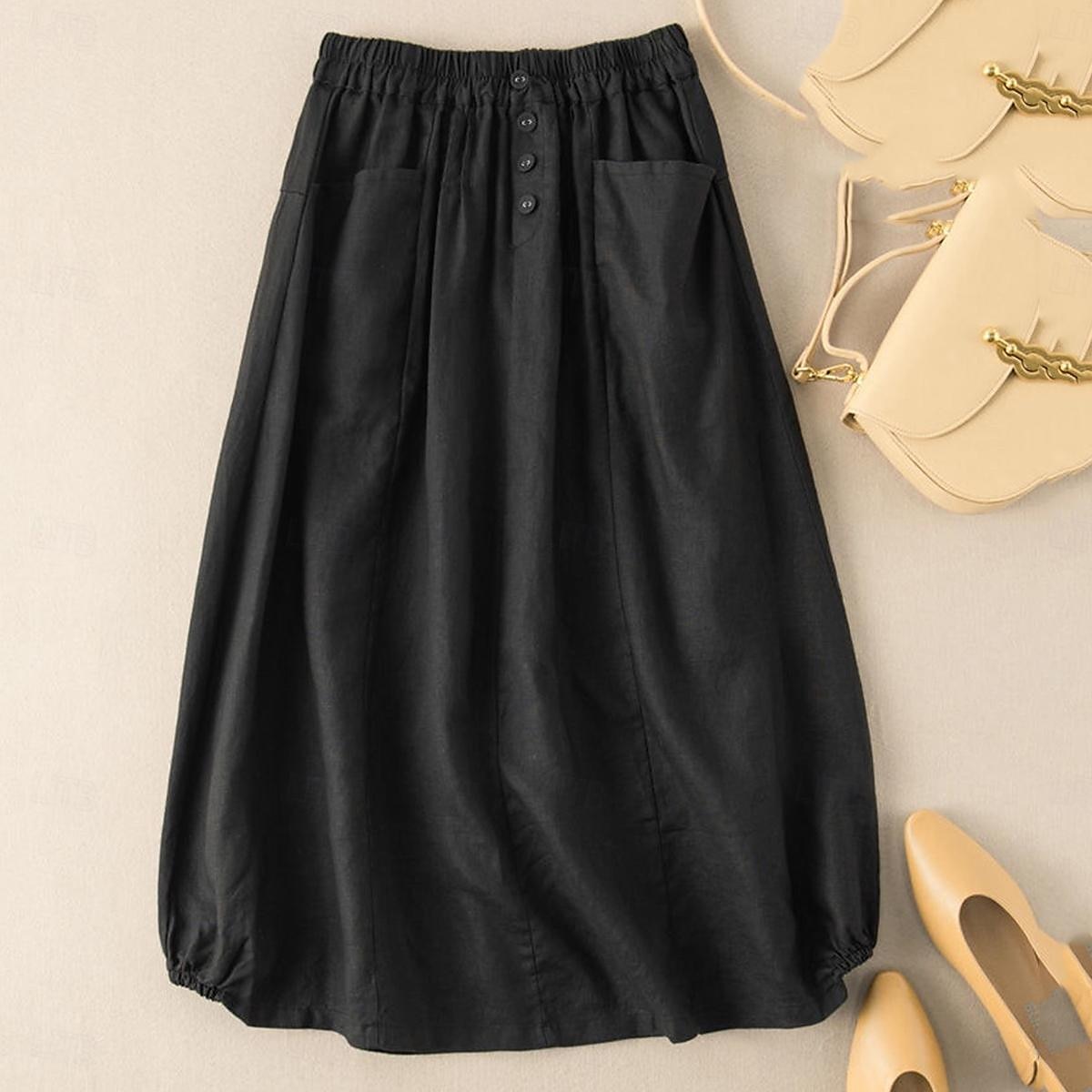 Women's Skirt A Line Basic Casual Midi High Waist Skirts Solid Colored Pocket Casual Daily Weekend Black Army Green Navy Blue Khaki Summer Cotton And Linen 2025 - $36.99 –P12