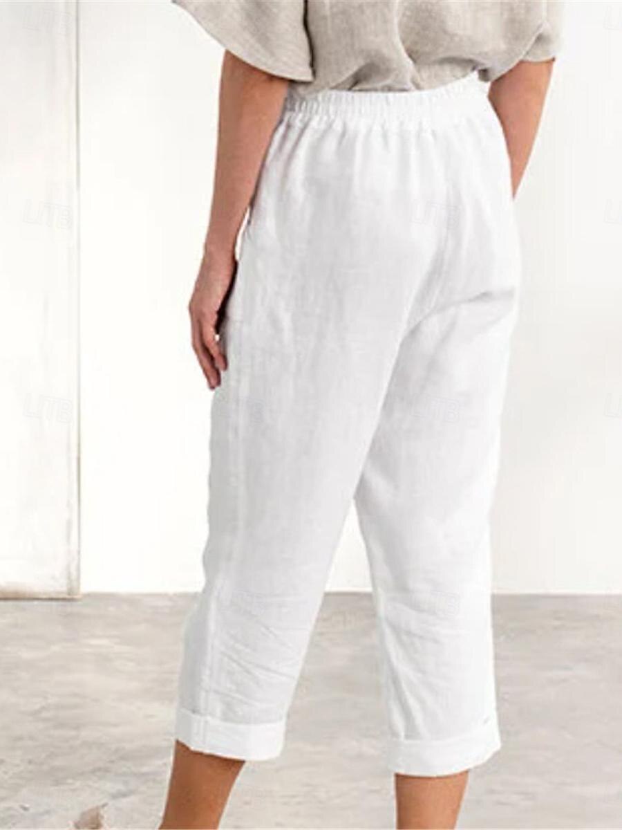 Women's Cotton Linen Pants Fashion Basic Comfort Pure Color Pocket Elastic Waist Breathable Micro-elastic Street Daily Black White Navy Blue Brown Summer 2025 - $21.99 –P15