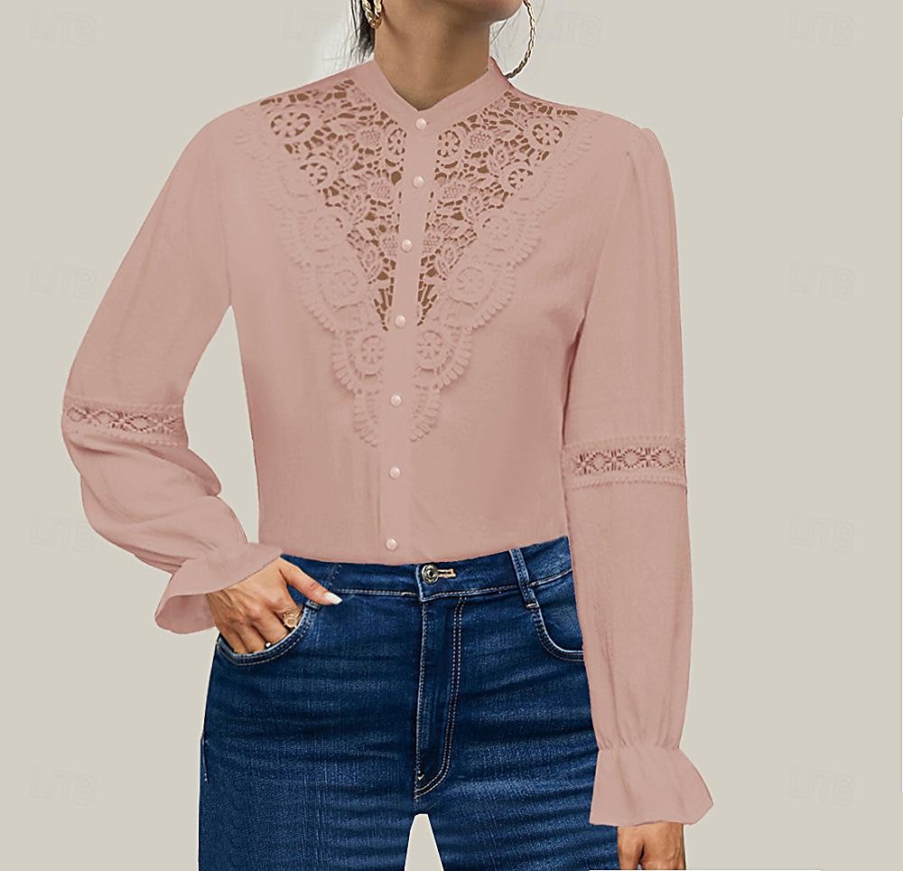 Hemd Spitzenhemd Bluse Weißes Spitzenhemd Damen Schwarz Weiß Rosa Feste Farbe Spitze Taste Strasse Täglich Modisch Stehkragen S 2025 - $29.99 –P11