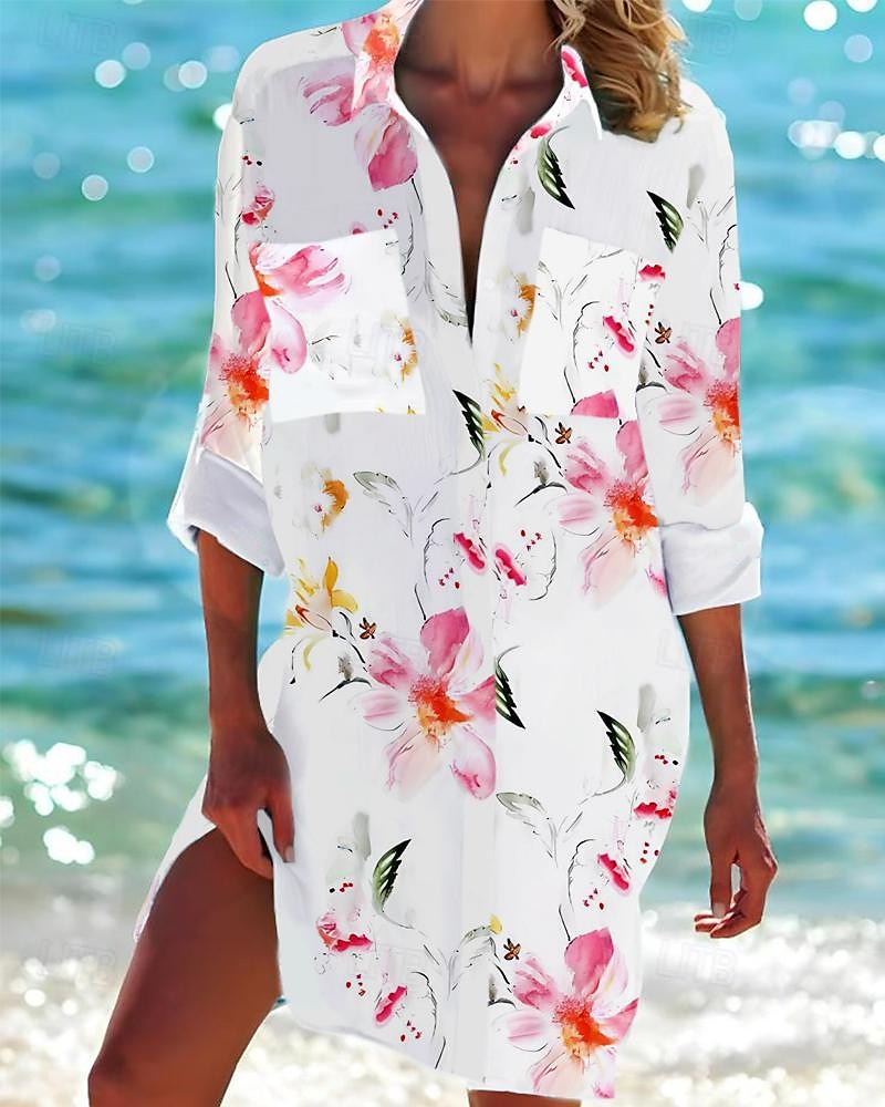 Womens Mini Dress Camicia Vestito Camicie Hawaiane Fluttuante Moda Bottoni Stampa Maniche Lunghe Colletto Camicia Lunghe Casual Vacanza Spiaggia Bianco Blu Viola Estate Vestiti da Spiaggia del 2025 a $46.99 –P5