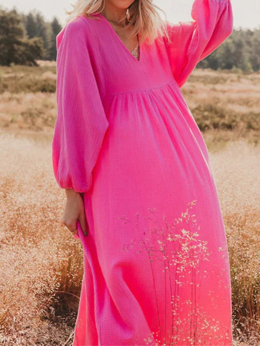 Women's Pink Orange Rose Red Summer Spring Maxi Dress Linen-Inspired Dresses Casual Dress Basic Modern Daily Weekend Loose Fit Plain V Neck 2025 - $32.99 –P18