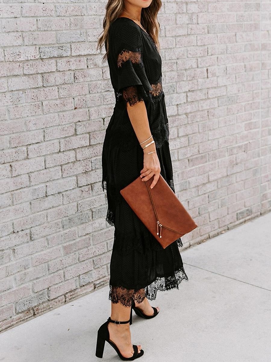 Women's White Dress Long Dress Maxi Dress Lace with Sleeve Wedding Date Vacation Elegant Bohemia V Neck Half Sleeve Black Pink Color 2025 - $63.99 –P9