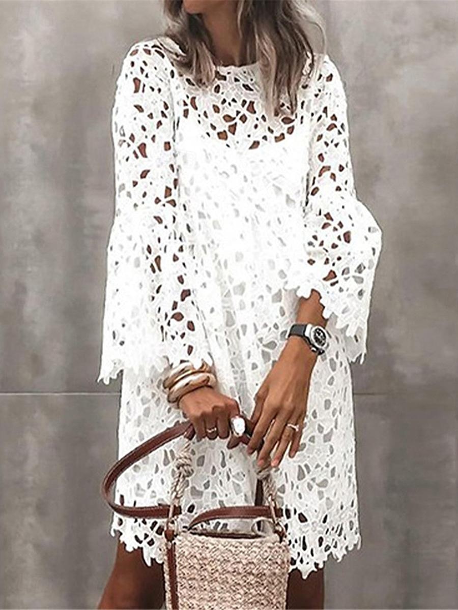 Pentru femei Rochie Mini Rochie albă Rochie de mireasa din dantela alba Rochie Boho Modă În aer liber Fit regulat Simplu Lungime Manșon 3/4 Stil Nautic Negru Alb Vară 2025 - $52.99 –P3