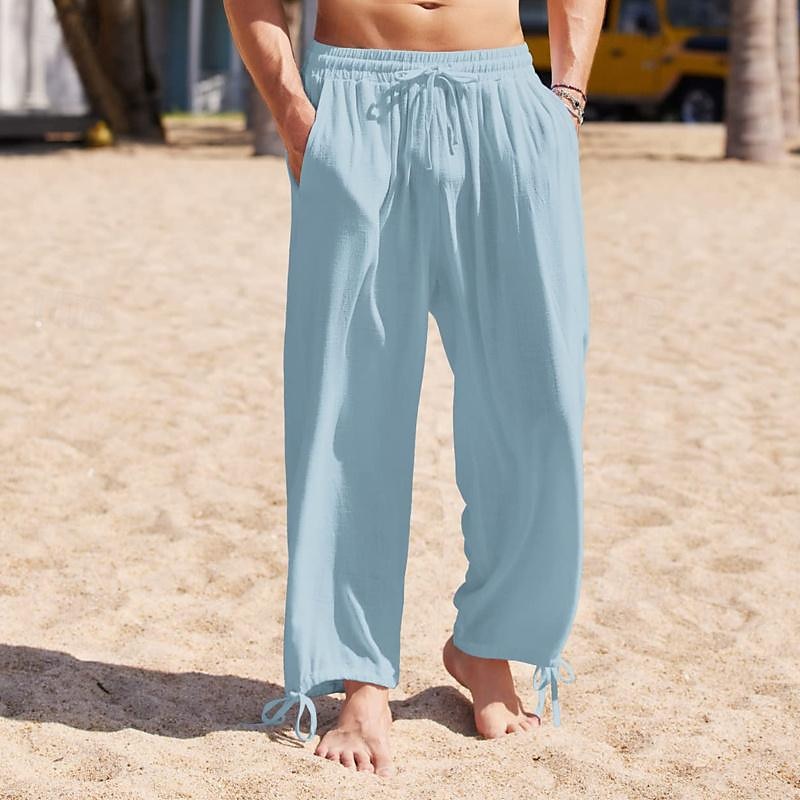 Herr Linne Byxor Långbyxor Sommarbyxor Strandbyxor Ficka Snörning Elastisk midja Slät Komfort Andningsfunktion Dagligen Helgdag Semester Hawaiisk Boho Svart Vit Microelastisk 2025 - $23.99 –P2