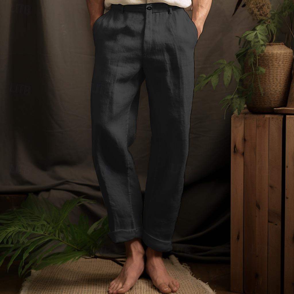 40% Linen Men's Linen Pants Trousers Summer Pants Pocket Straight Leg Plain Breathable Comfortable Office / Career Daily Vacation Classic Casual Black White 2025 - $32.99 –P4
