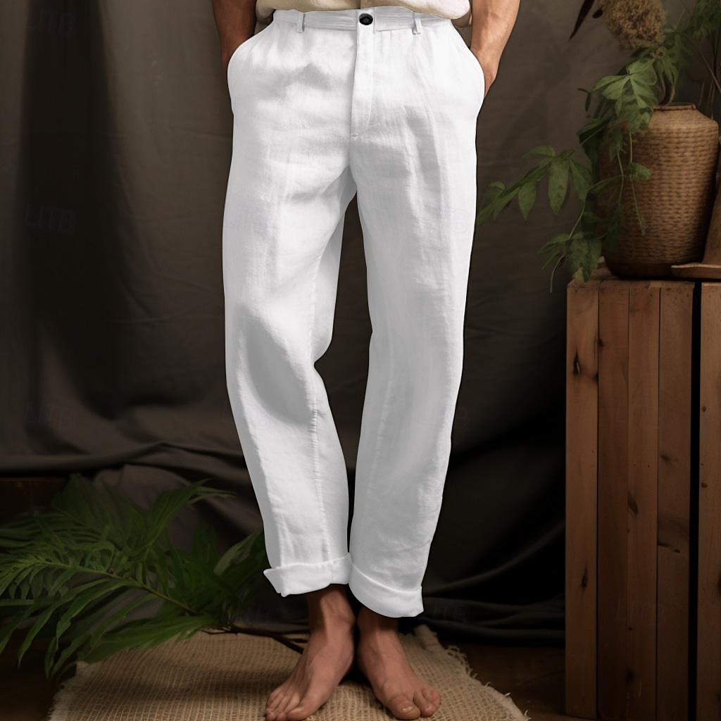 40% Linen Men's Linen Pants Trousers Summer Pants Pocket Straight Leg Plain Breathable Comfortable Office / Career Daily Vacation Classic Casual Black White 2025 - $32.99 –P2