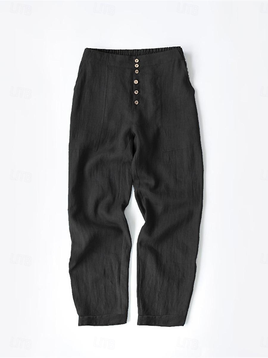 Women's Cotton Linen Pants Fashion Basic Comfort Pure Color Pocket Elastic Waist Breathable Micro-elastic Street Daily Black White Navy Blue Brown Summer 2025 - $21.99 –P5