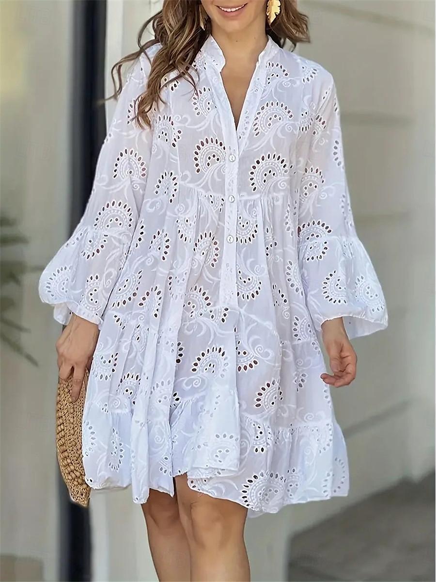 Pentru femei Rochie Mini Rochie albă Rochie de dantela Rochie casual Rochie de vară Șic Stradă De Bază Stradă Dată Potrivire Largă Manșon Lung Gât despicat Alb Vară 2025 - $28.99 –P2