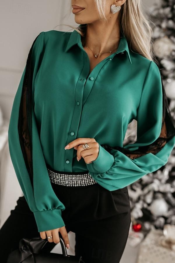 Košile Krajková košile Halenka Síťovaný patchworkový top Dámské Černá Bílá Trávová zelená Pevná barva Krajka Tlačítko ulice Denní Módní Košilový límec S 2025 - $34.99 –P8