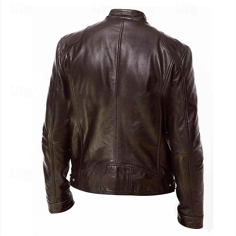 Herr Läderjackor Övergångsjacka Utomhus Vindtät jacka Ficka Alla årstider Slät Streetwear Hög krage Normal Imitationsläder Svart Brun Jacka 2025 - $39.99 –P4