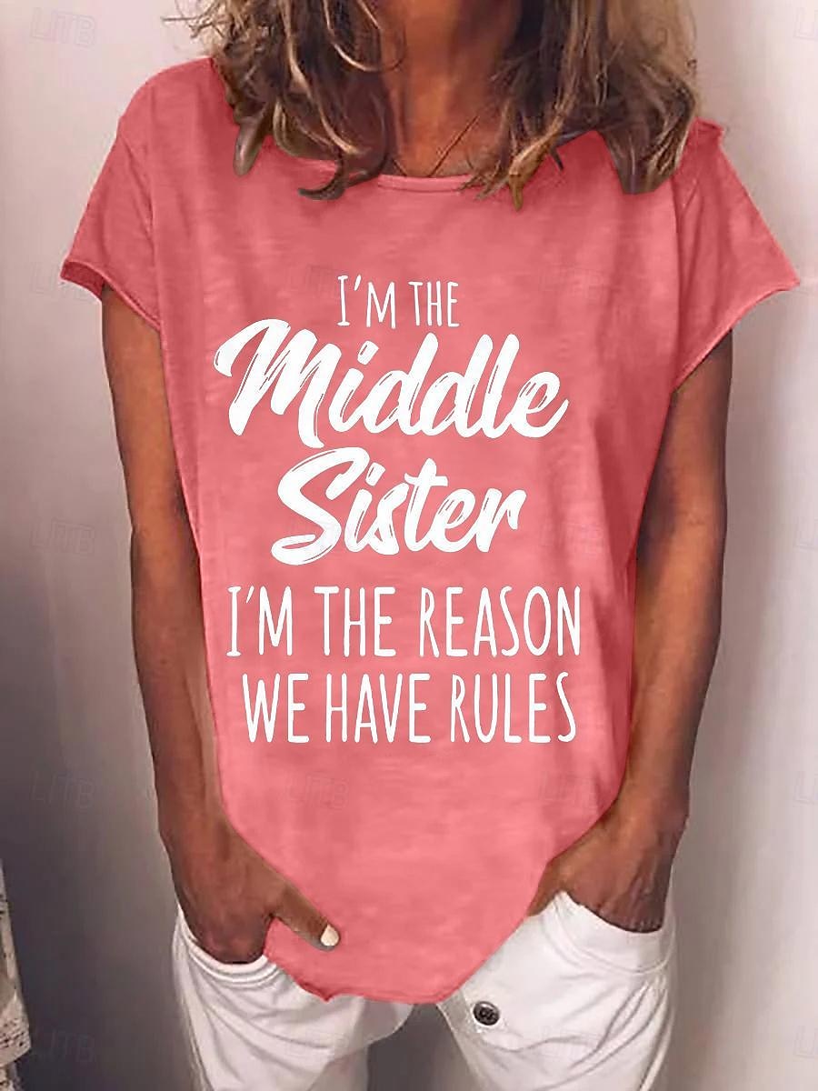 Mulheres Camiseta Texto Básico Manga Curta Decote Redondo Tops regulares Casual Final de semana Verde Claro Rosa Pêssego Azul Azul Céu de 2025 por $3.39 –P1