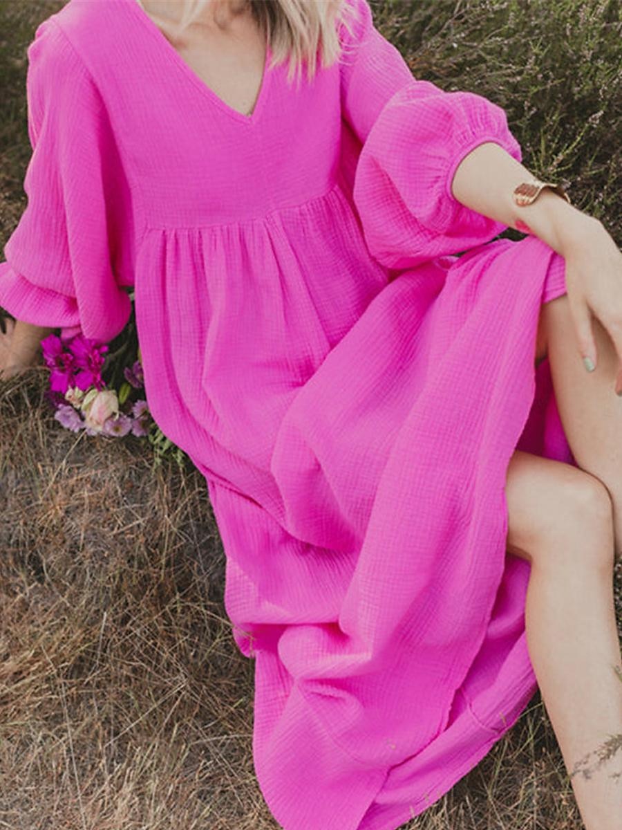 Women's Pink Orange Rose Red Summer Spring Maxi Dress Linen-Inspired Dresses Casual Dress Basic Modern Daily Weekend Loose Fit Plain V Neck 2025 - $32.99 –P16