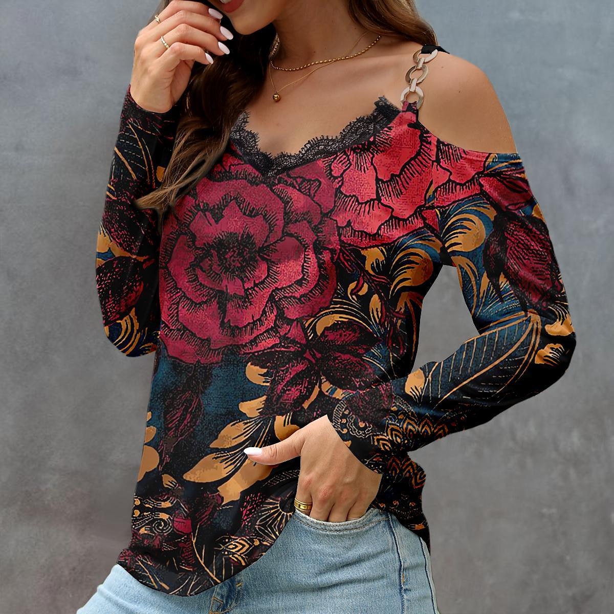 Női Blúz Hosszú Ujjú V Nyak Divatos Virágmintás Hideg Vállú Normál Pólók Off Shoulder Hétköznapi Ünnepi Piros Kék Lila Tavasz  Ősz 2025 - $29.99 –P2
