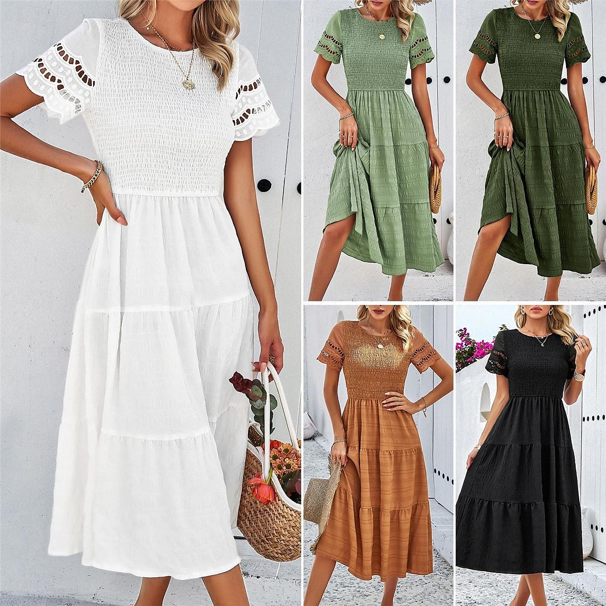 Mulheres Vestido branco Vestido midi Com Transparência Patchwork Encontro Férias Roupa de rua Básico Gola Redonda Manga Curta Preto Branco Marron Cor de 2025 por $52.99 –P1