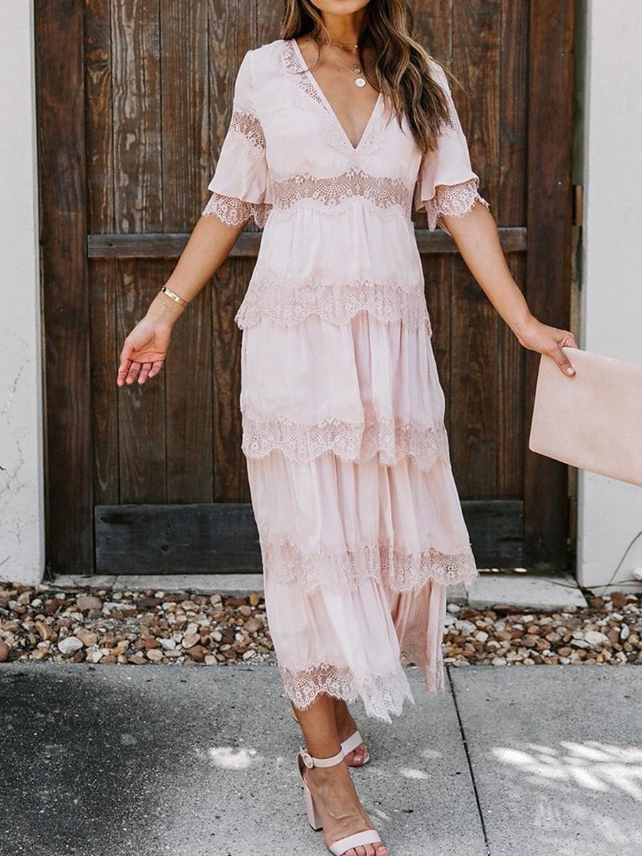 Women's White Dress Long Dress Maxi Dress Lace with Sleeve Wedding Date Vacation Elegant Bohemia V Neck Half Sleeve Black Pink Color 2025 - $63.99 –P10