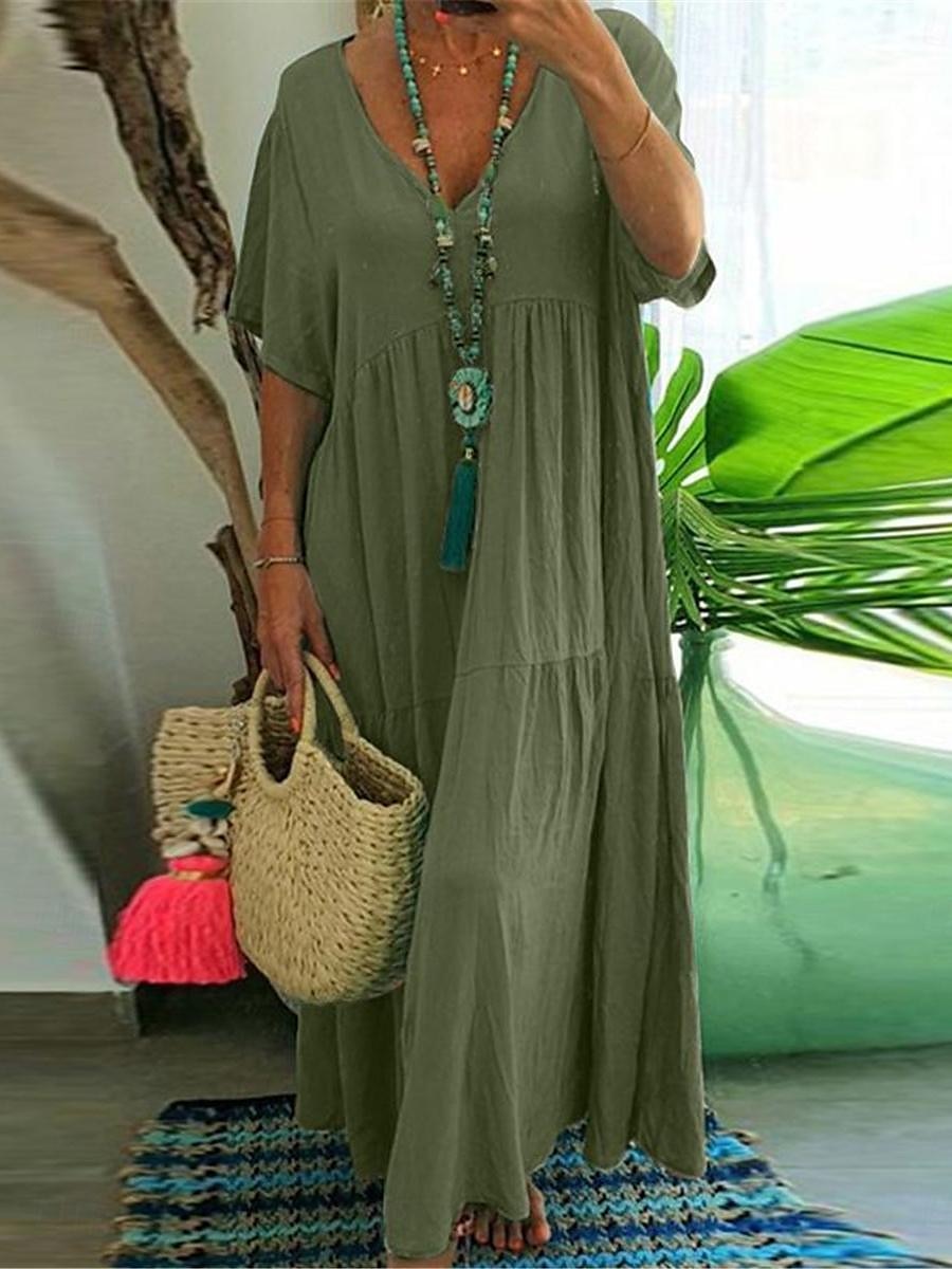 Mujer Vino Azul Marino Naranja Verano Primavera Vestido maxi Vestidos de lino y algodón Vestido informal Vestido de verano de algodón Básico Moderno Diario Fin de semana Holgado Plano Escote en Pico 2025 - $26.99 –P2