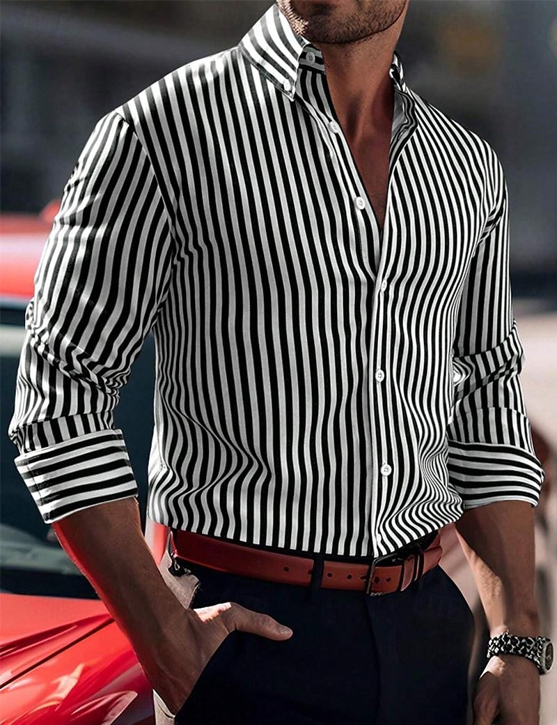Herren Hemd Sommerhemd Knopfhemd Lässiges Hemd Schwarz Rote Blau Langarm Streifen Kargen Täglich Urlaub Bekleidung Brautkleider schlicht Komfortabel Smart Casual 2025 - $22.99 –P1