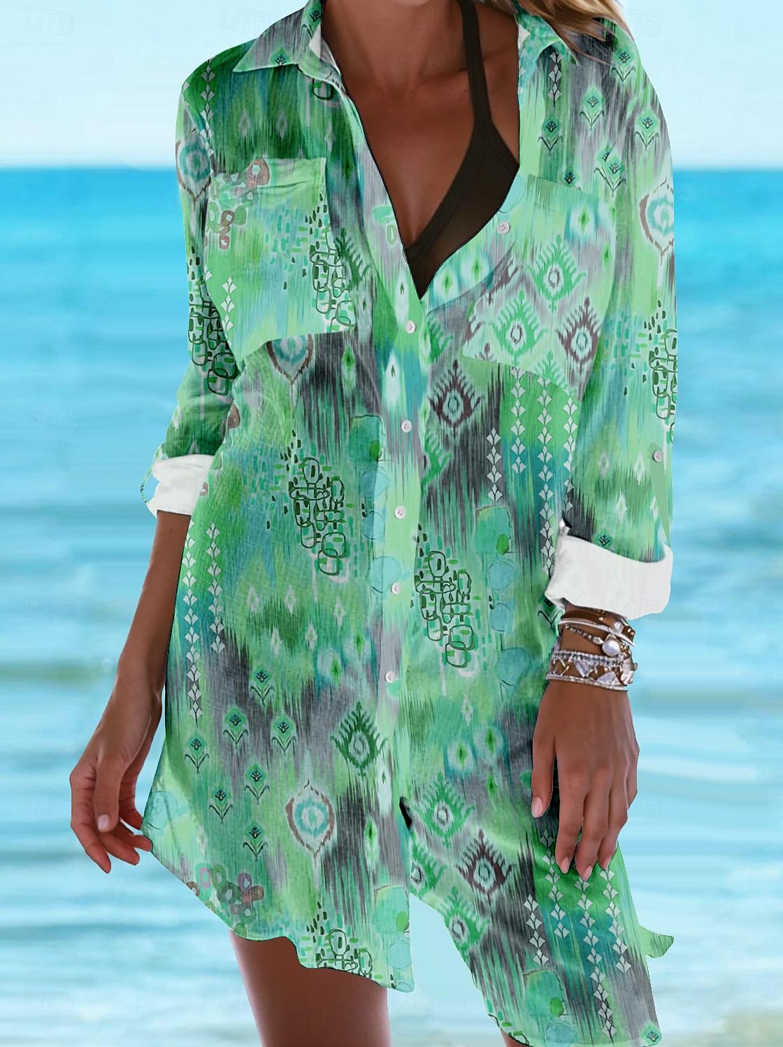 Damen Mini Kleid Hemd Kleid Strandbekleidung Tribal Print Hemd Übergroß Langarm Rollkragen Hoch-Tief Saum Lässig Leicht Frühjahr Sommer Tragen 2025 - $46.99 –P3